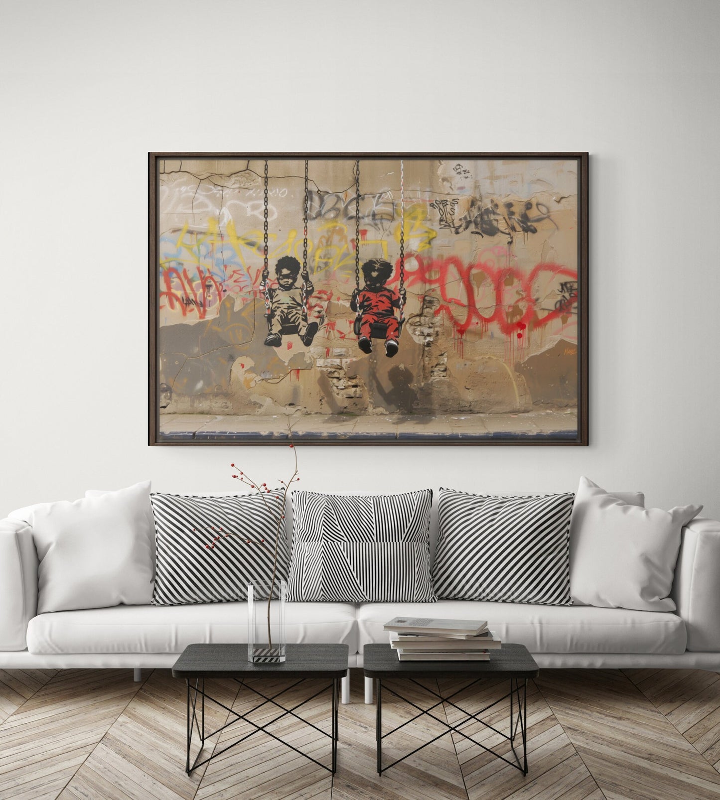 Black Boys on Swing Art, Banksy inspired, Oil Painting Canvas Print, African/Afro/Black Man Wall Art, Poster, Decor, Modern, Abstract