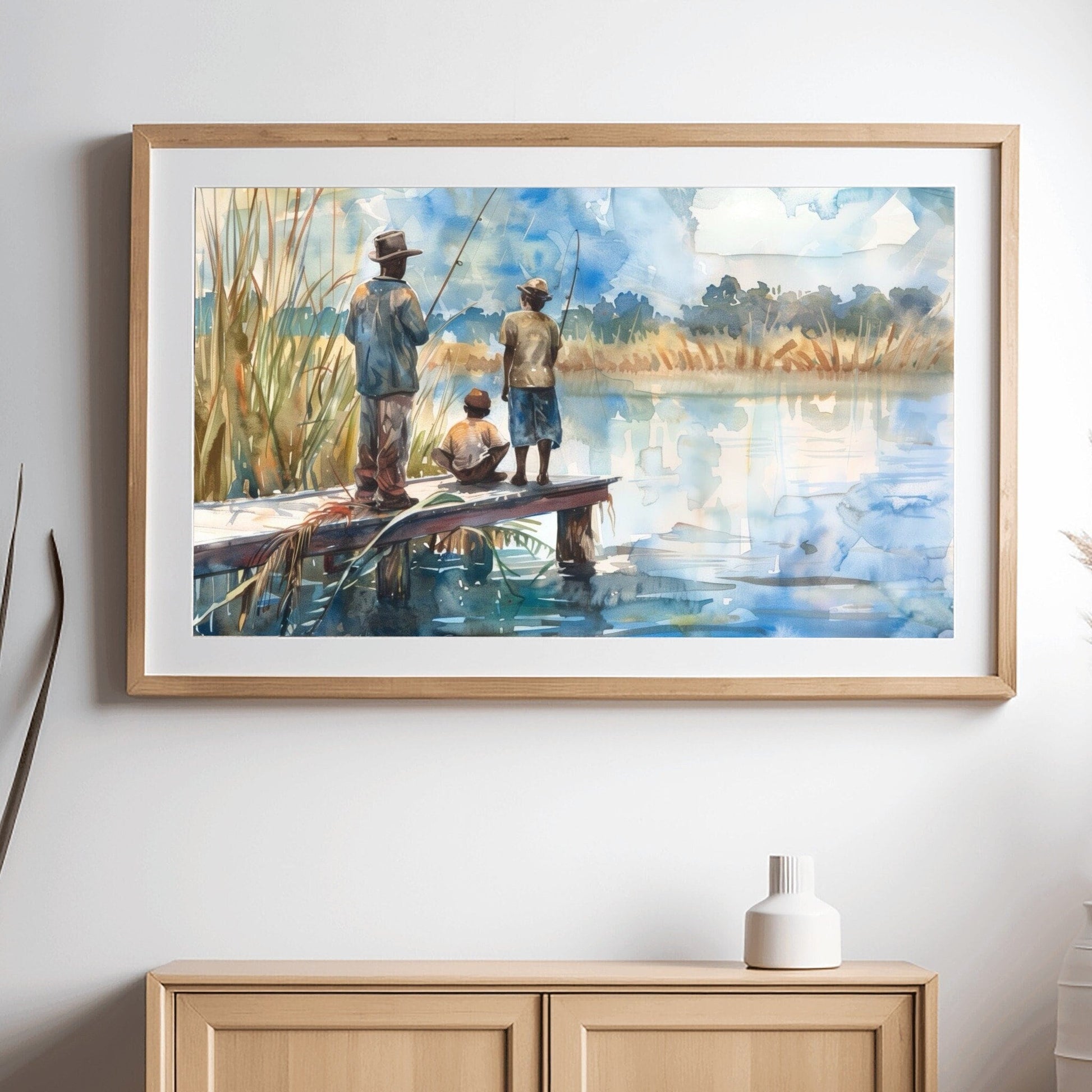 Gullah Geechee Art, Black Boys Fishing, Lowcountry Art Water Color Print, South Carolina, Black History Art, African American Black Wall Art