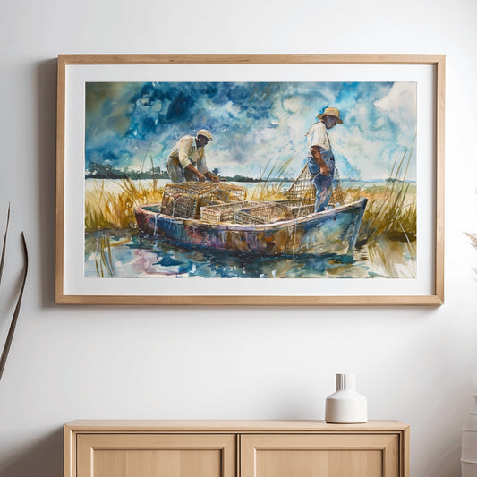 Gullah Geechee Art, Black Men Crabbing, Lowcountry Art Water Color Print, South Carolina, Black History Art, African American Black Wall Art