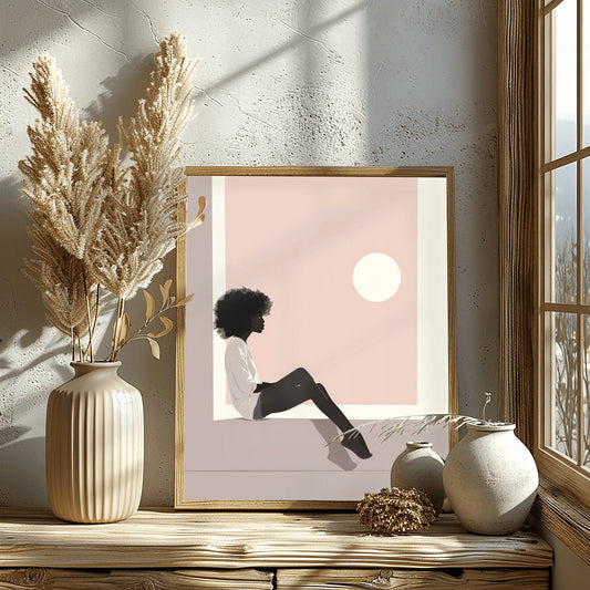 Boho Black Women Art Relaxing by the Moon, Black Art Prints, African American Wall Art, Melanin Art,